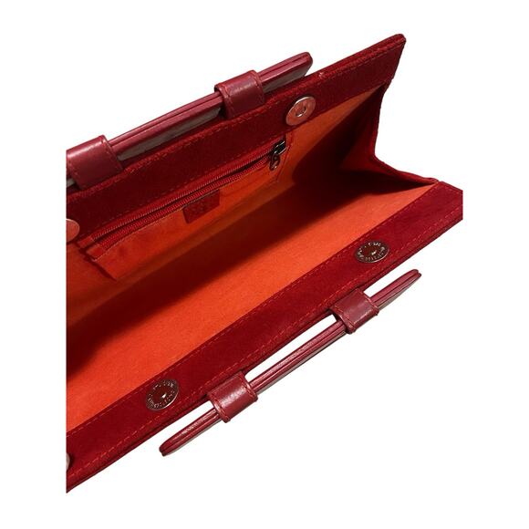 Crewel Embroidered Suede Floral Wood Handle Boho Hippie Art To Wear Clutch Purse - Picture 7 of 8